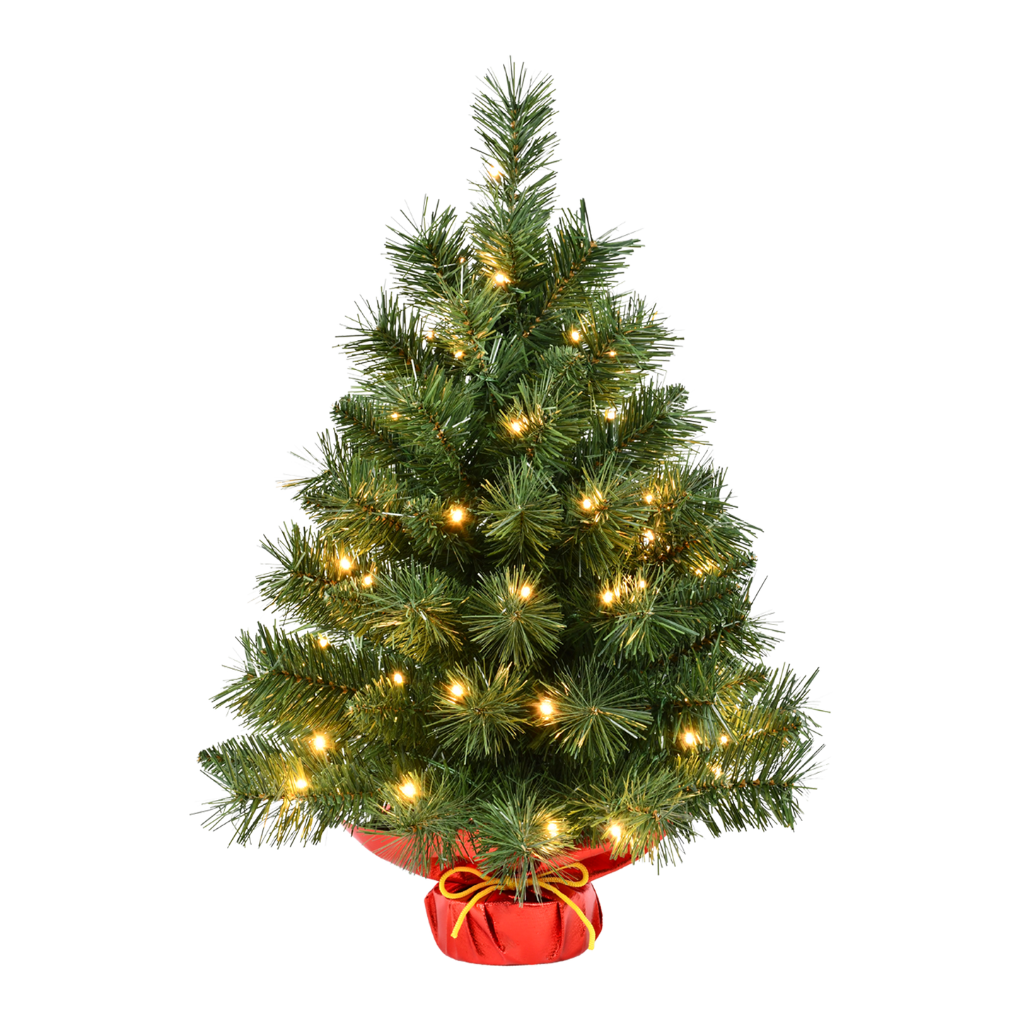 Bringstar 2ft Pre-Lit Artificial Mini Christmas Tree with 50 LED Lights, Tabletop Green Xmas Tree with Red Base for Holiday Home, Office, or Party Décor