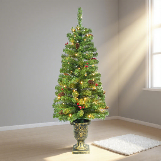 4FT Pre-lit Artificial Potted Christmas Tree with 50 LED Lights, Mini Xmas Tree with 140 Tips, Pine Cones & Red Berries, Battery Operated for Indoor