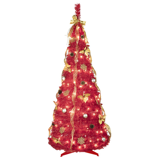 Bringstar 6ft Pop Up Christmas Tree Pre Decorated, Red Artificial Trees