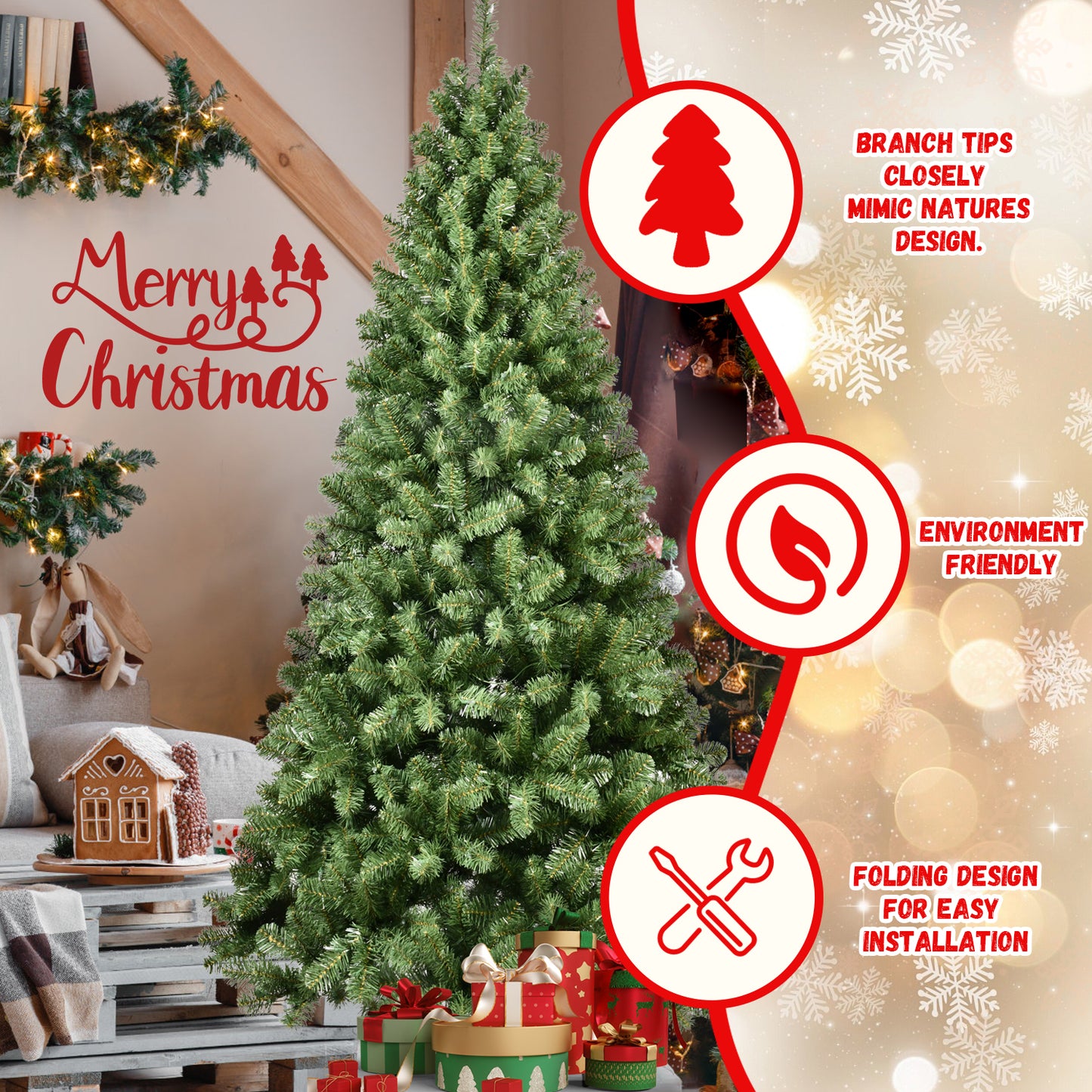 Bringstar Prelit Christmas Tree 5ft/6ft/7ft/8ft/9ft , Xmas Artificial Trees 551 Premium PVC Branches, 200 Lights