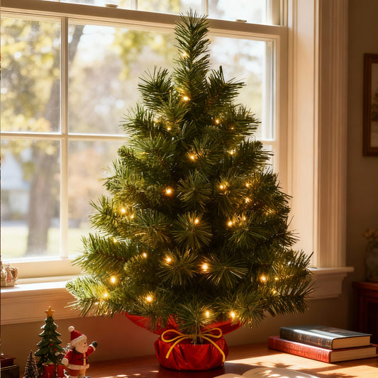 Bringstar 2ft Pre-Lit Artificial Mini Christmas Tree with 50 LED Lights, Tabletop Green Xmas Tree with Red Base for Holiday Home, Office, or Party Décor