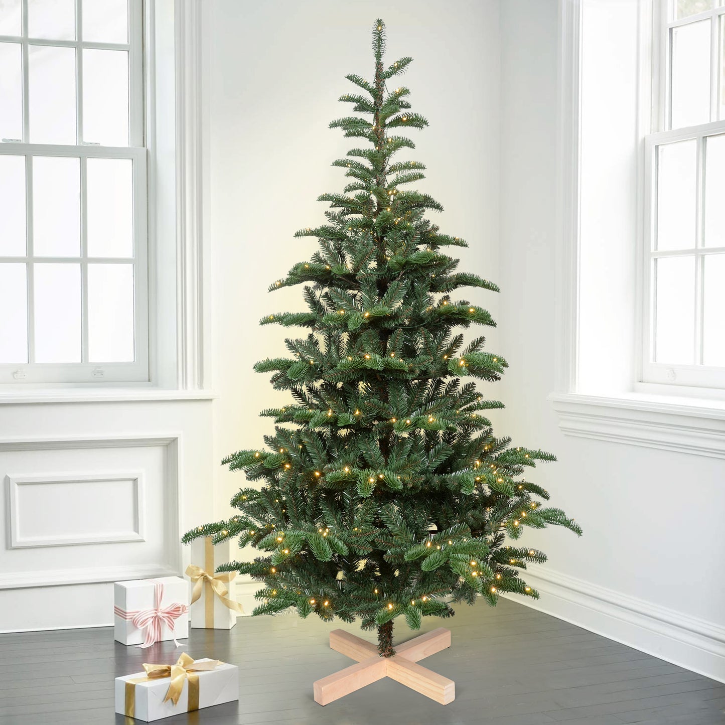Bringstar 5ft/6ft/7ft/8ft Pre-Lit Christmas Tree, Wooden Base Tree with 611 PE & PVC Branch Tips, 300 Lights