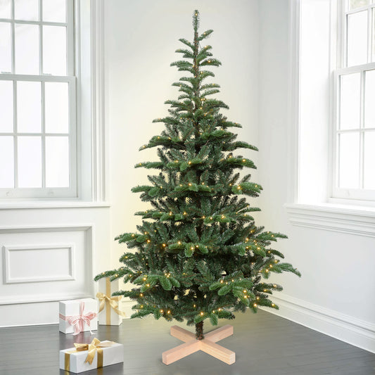 Bringstar 5ft/6ft/7ft/8ft Pre-Lit Christmas Tree, Wooden Base Tree with 611 PE & PVC Branch Tips, 300 Lights