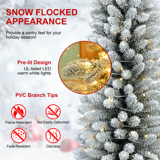 Bringstar Pre-Lit Flocked Slim Christmas Tree, Artificial Pencil Trees,LED Warm White Lights