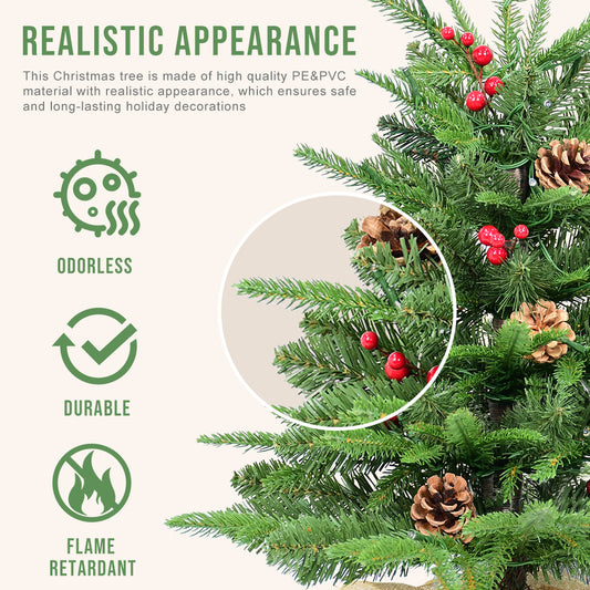 Bringstar 2FT Pre-Lit Mini Fir Artificial Christmas Tree Tabletop, Small Green Xmas Tree with 50 LED Lights, PE & PVC Pine with Red Berries & Pine Cones, Burlap Base Indoor Decor