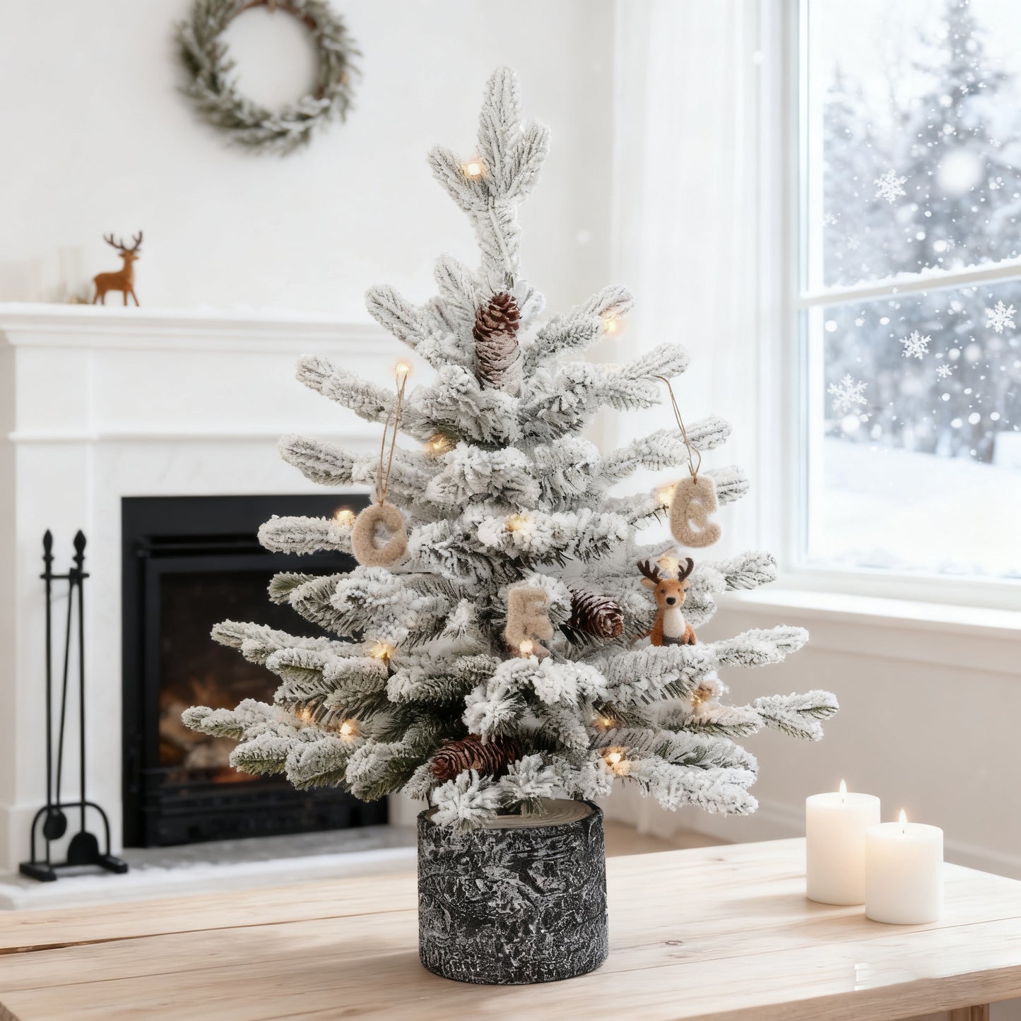 Bringstar 2/3/4.5FT Pre-lit Potted Flocked Christmas Tree, Snow Frosted Mini Tabletop Artificial Christmas Tree, Small Fake Christmas Tree with 30 Warm White LED Lights for Holiday Decoration