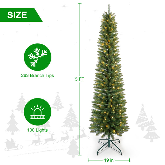 Bringstar Pre-Lit Pencil Christmas Tree, Green Artificial Xmas Trees, LED Warm White Lights