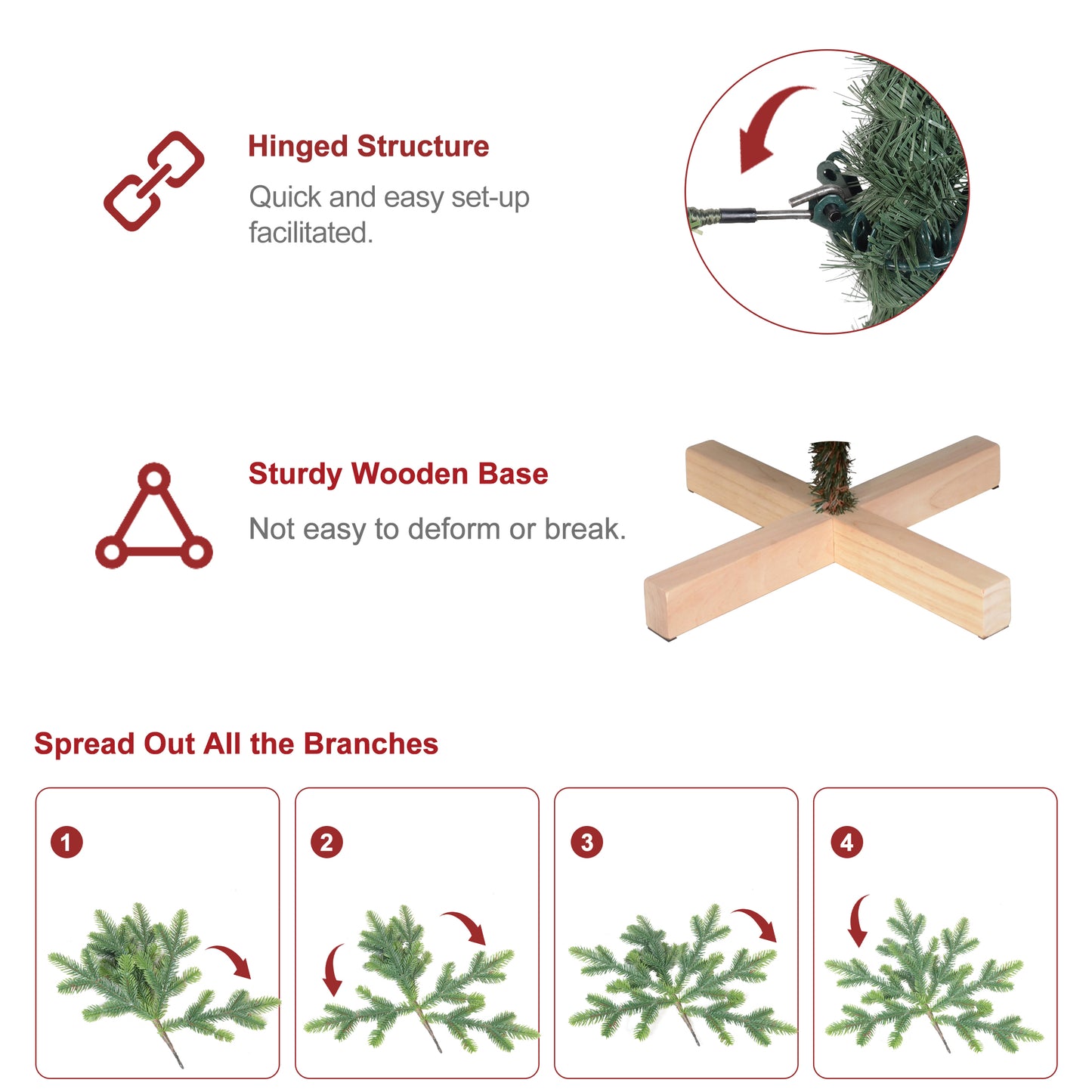Bringstar 5ft/6ft/7ft/8ft Pre-Lit Christmas Tree, Wooden Base Tree with 611 PE & PVC Branch Tips, 300 Lights