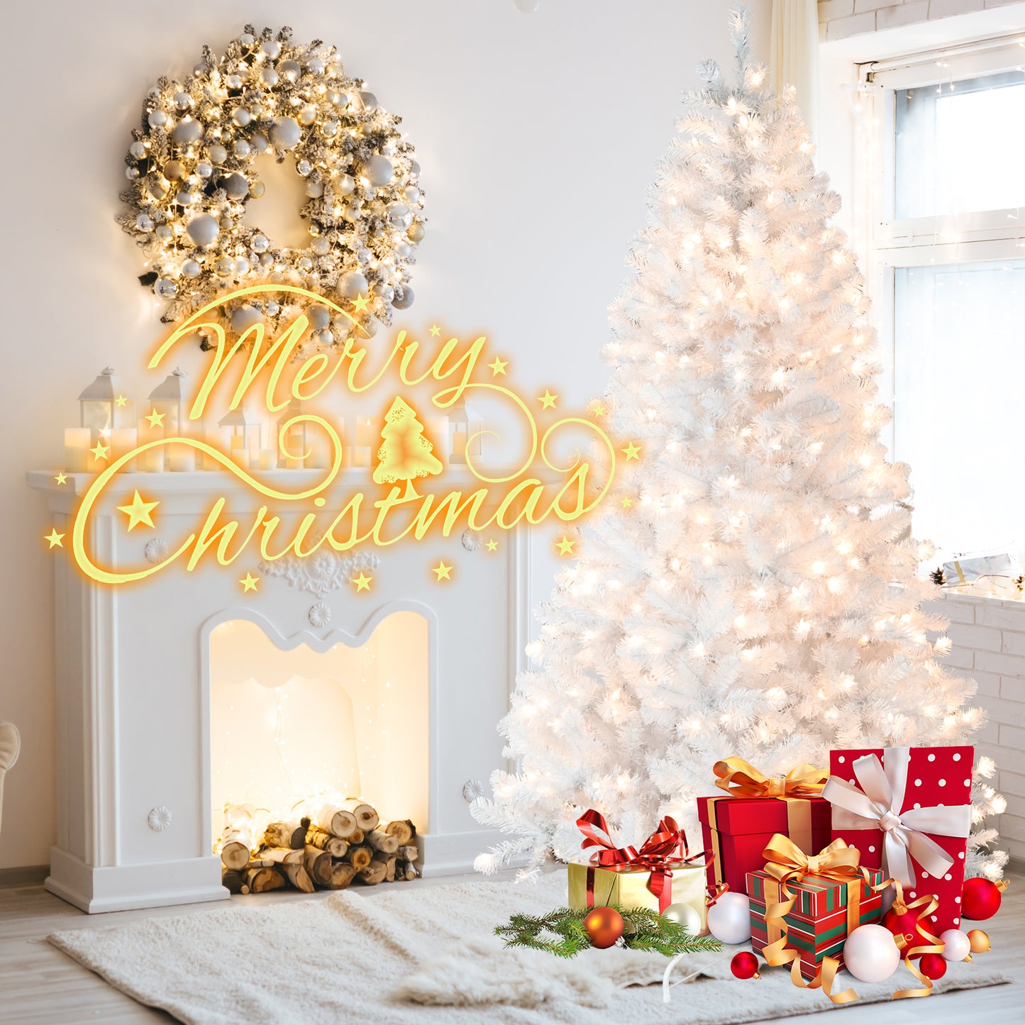 Bringstar 4.5ft/6ft/7.5ft/9ft Pre-Lit White Christmas Tree, Hinged Artificial Xmas Tree/Premium PVC Branch Tips
