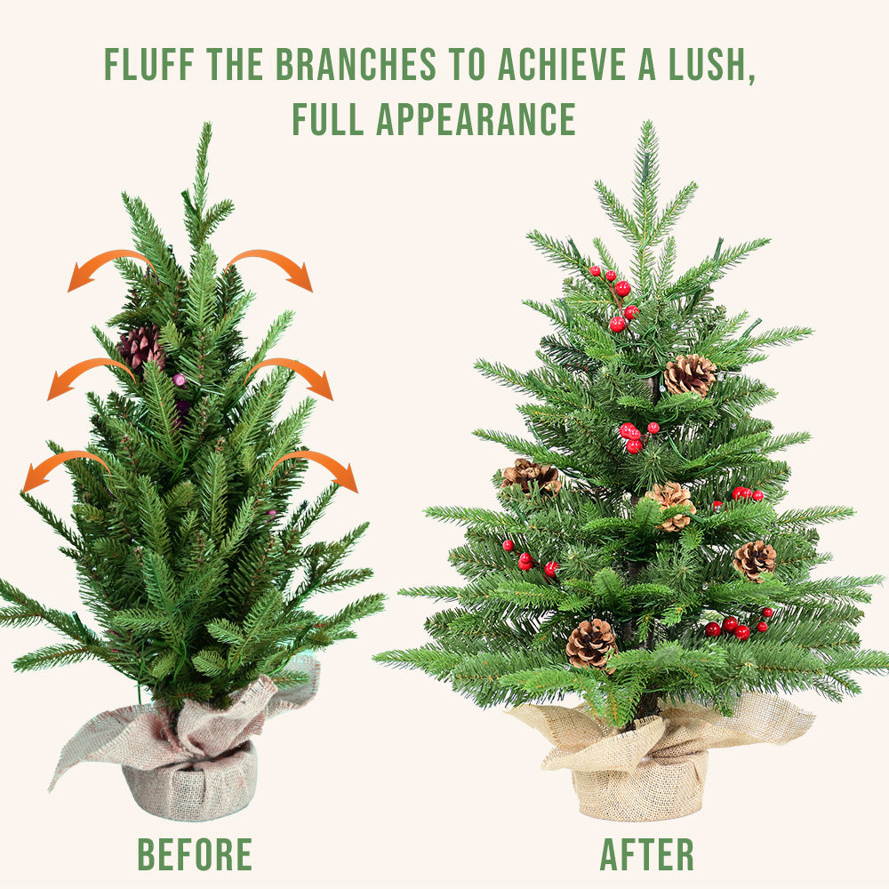 Bringstar 2FT Pre-Lit Mini Fir Artificial Christmas Tree Tabletop, Small Green Xmas Tree with 50 LED Lights, PE & PVC Pine with Red Berries & Pine Cones, Burlap Base Indoor Decor