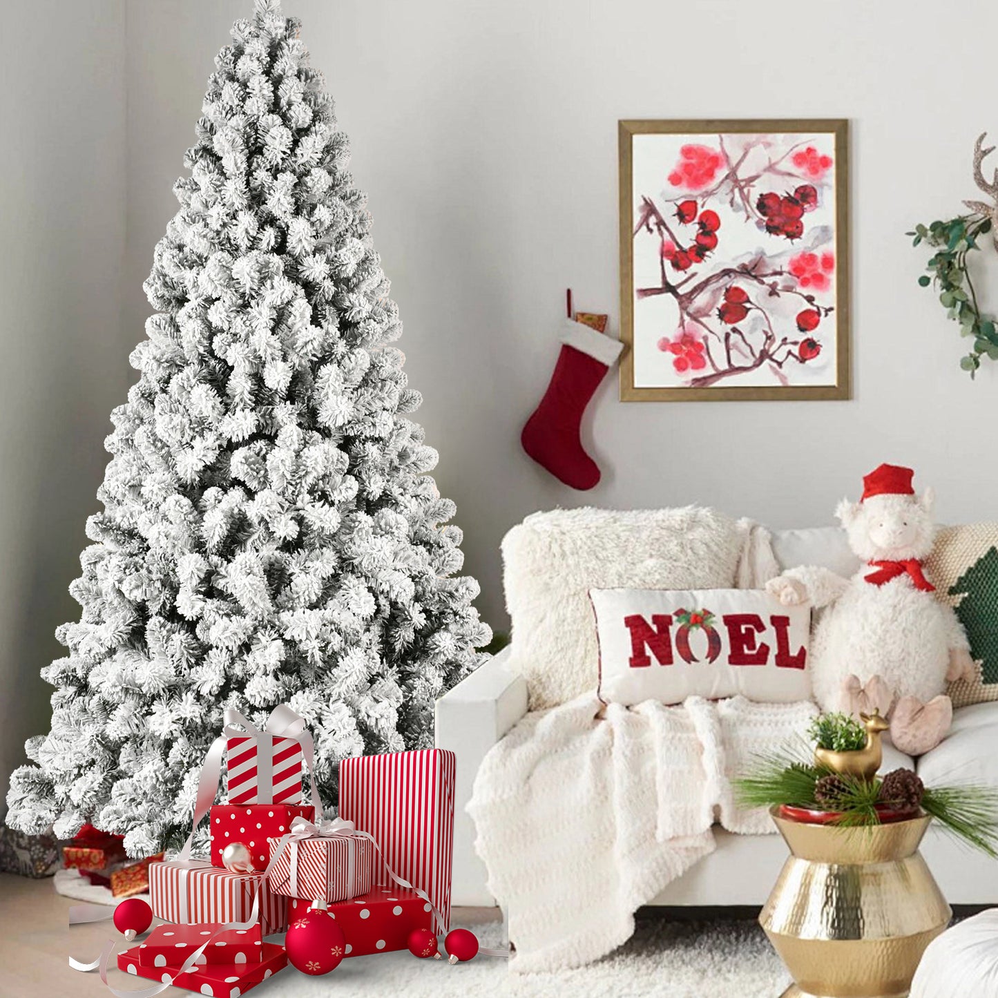 Bringstar 5ft/6ft/7ft/8ft/9ft  Pre-Lit Flocked Christmas Tree, Hinged Artificial Xmas Trees/Premium PVC Branches, 200 Lights