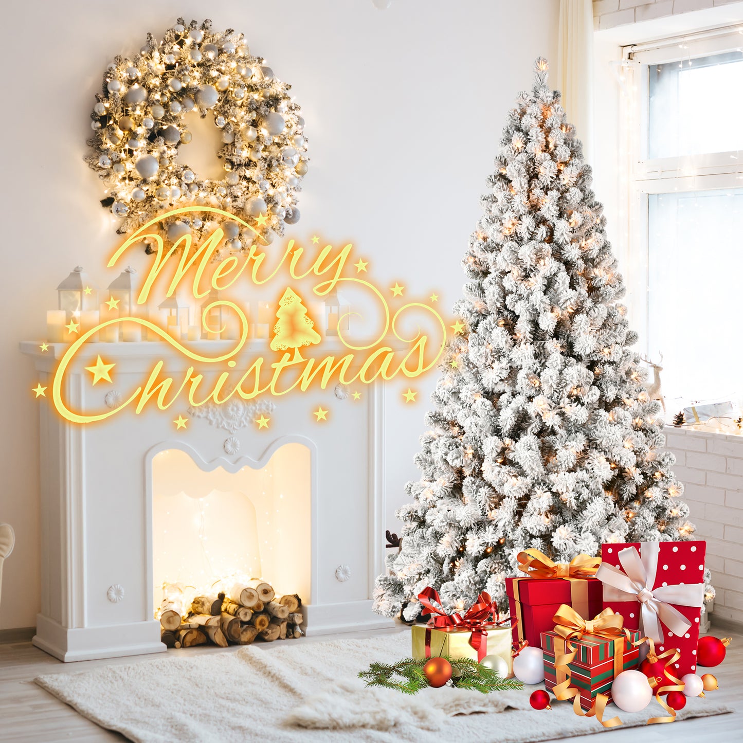 Bringstar 5ft/6ft/7ft/8ft/9ft  Pre-Lit Flocked Christmas Tree, Hinged Artificial Xmas Trees/Premium PVC Branches, 200 Lights