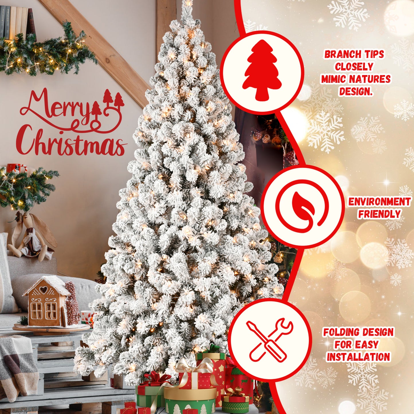Bringstar 5ft/6ft/7ft/8ft/9ft  Pre-Lit Flocked Christmas Tree, Hinged Artificial Xmas Trees/Premium PVC Branches, 200 Lights