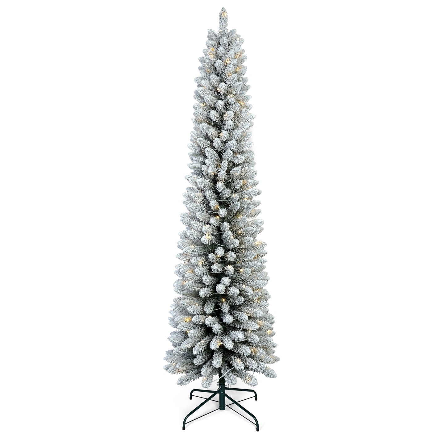 Bringstar Pre-Lit Flocked Slim Christmas Tree, Artificial Pencil Trees,LED Warm White Lights