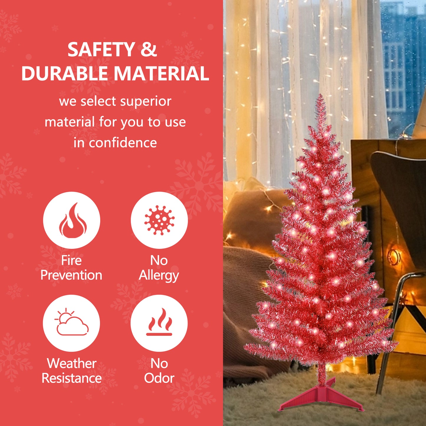 Bringstar 4FT Artificial Mini Red Christmas Tree with Lights, Lighted Christmas Tree with 50 Warm White Lights, Small Xmas Tree for Christmas Halloween House Decor, Red Tinsel