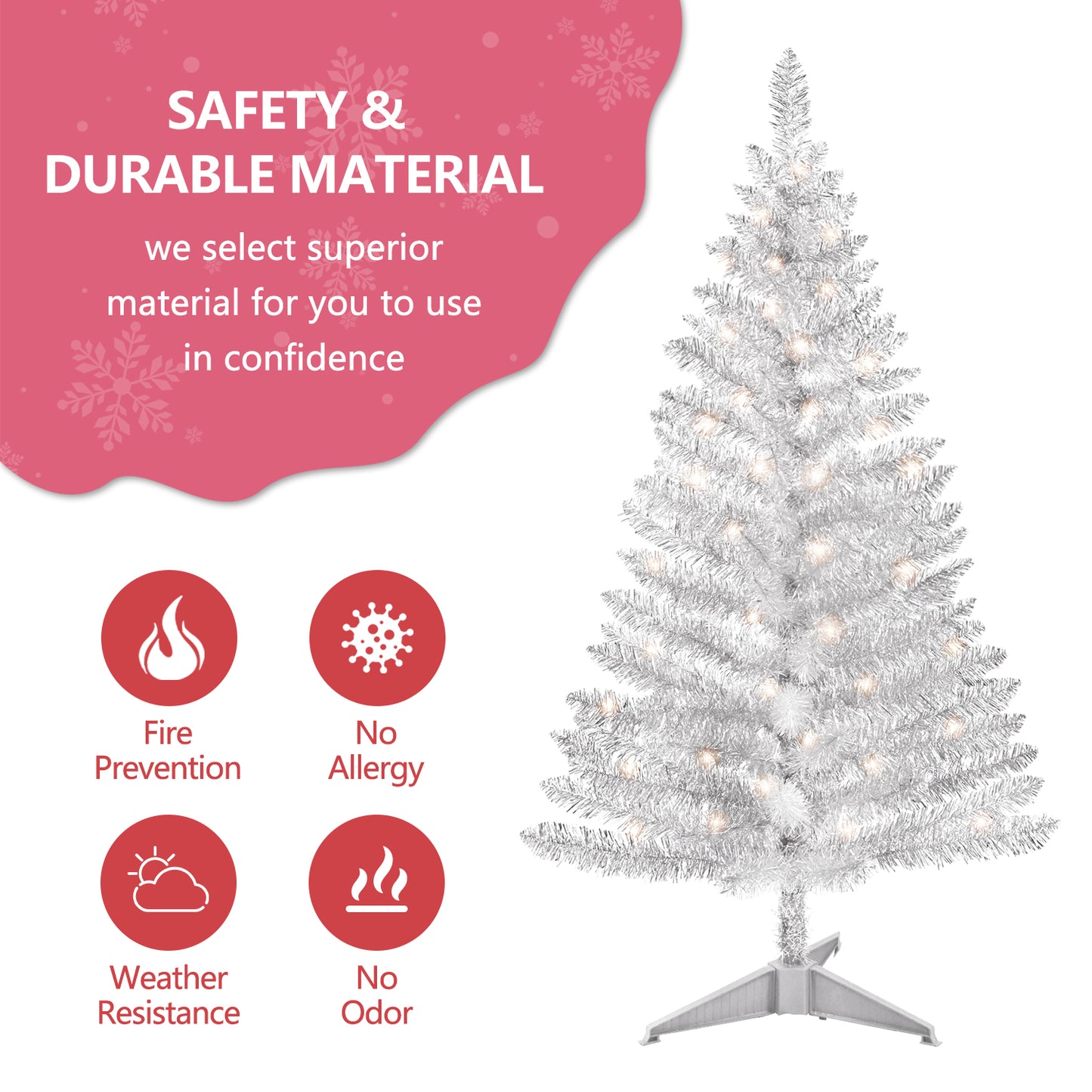 Bringstar 4FT Silver Small Christmas Tree with UL-listed Lights, Artificial Mini Xmas Tree for Holiday