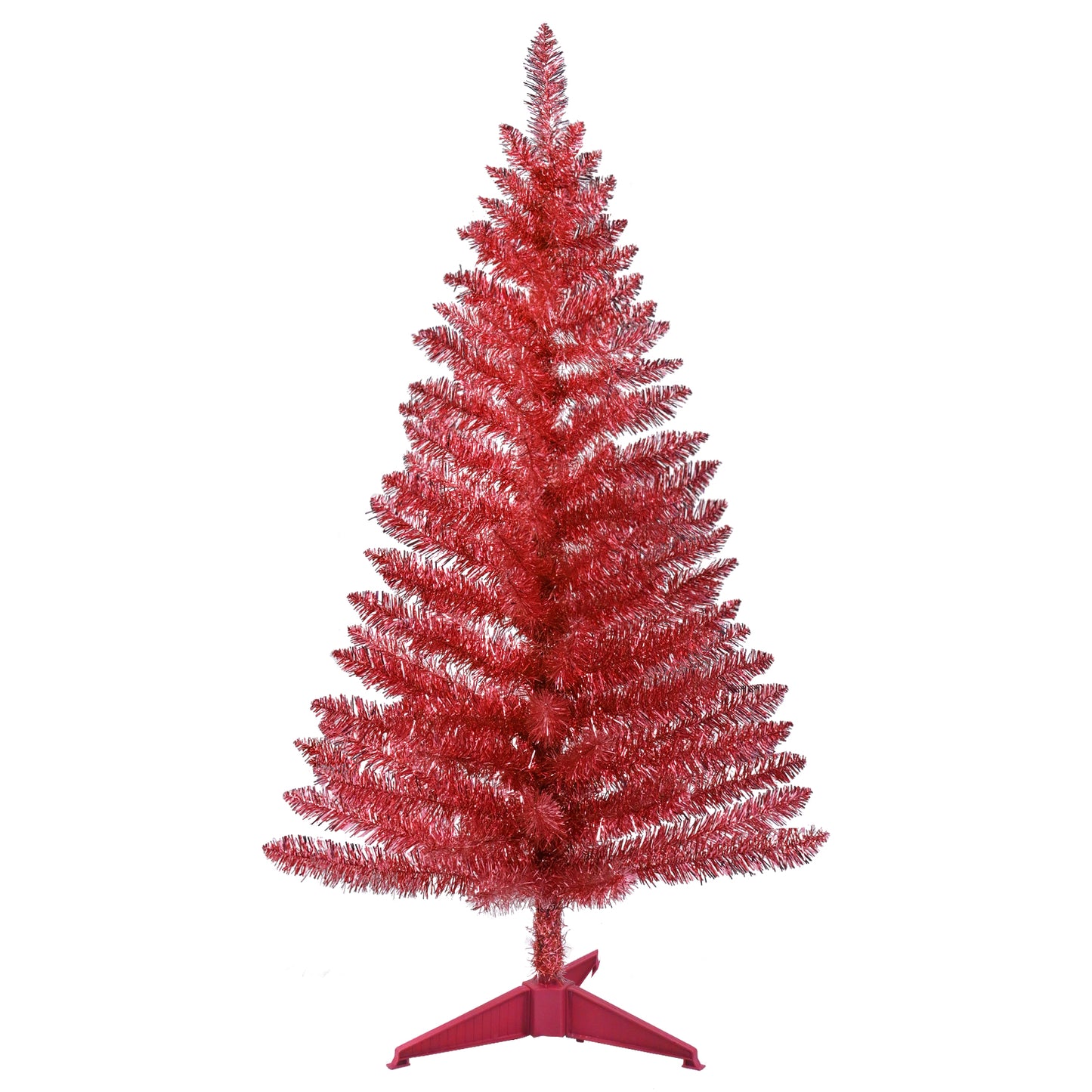 Bringstar 4FT Artificial Mini Red Christmas Tree with Lights, Lighted Christmas Tree with 50 Warm White Lights, Small Xmas Tree for Christmas Halloween House Decor, Red Tinsel