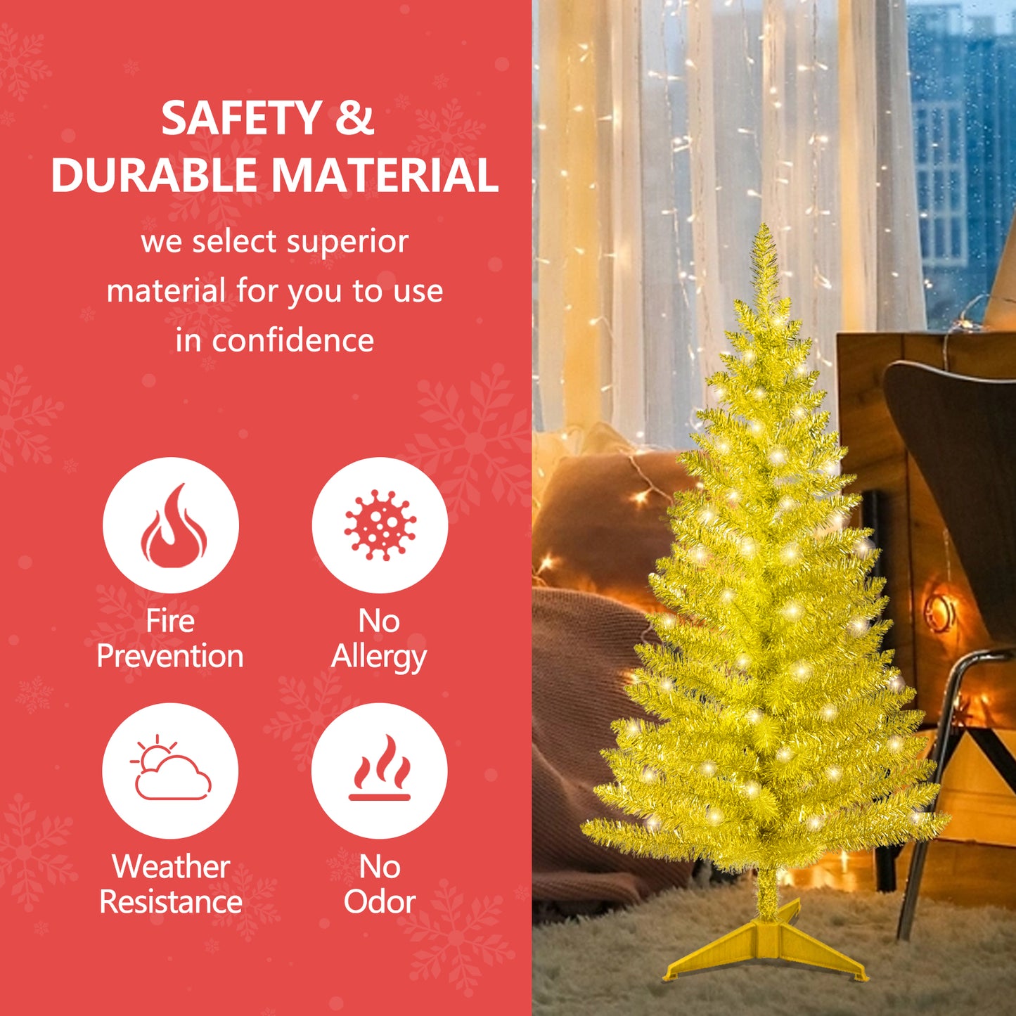 Small Gold Christmas Tree 4FT with UL-listed Lights, Bringstar Artificial Mini Xmas Tree for Bars, Parties