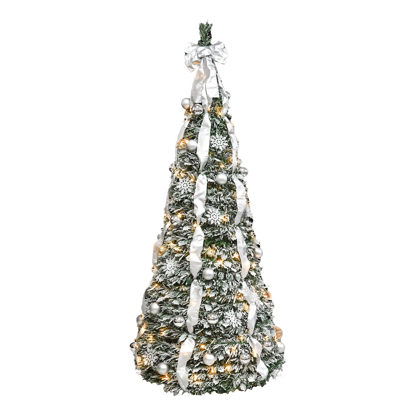 Bringstar Pop-up Christmas Tree Pre Decorated, silver flocking christmas tree 6/7FT