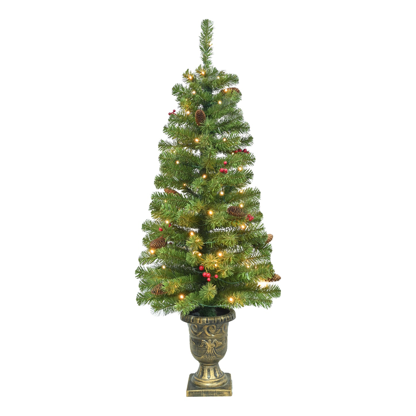 4FT Pre-lit Artificial Potted Christmas Tree with 50 LED Lights, Mini Xmas Tree with 140 Tips, Pine Cones & Red Berries, Battery Operated for Indoor
