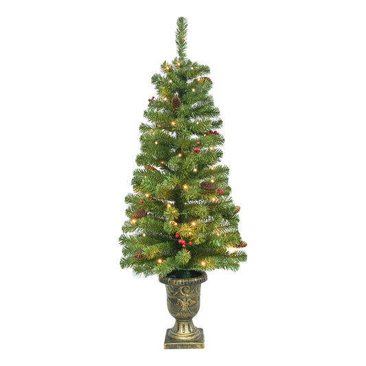 4FT Pre-lit Artificial Potted Christmas Tree with 50 LED Lights, Mini Xmas Tree with 140 Tips, Pine Cones & Red Berries, Battery Operated for Indoor