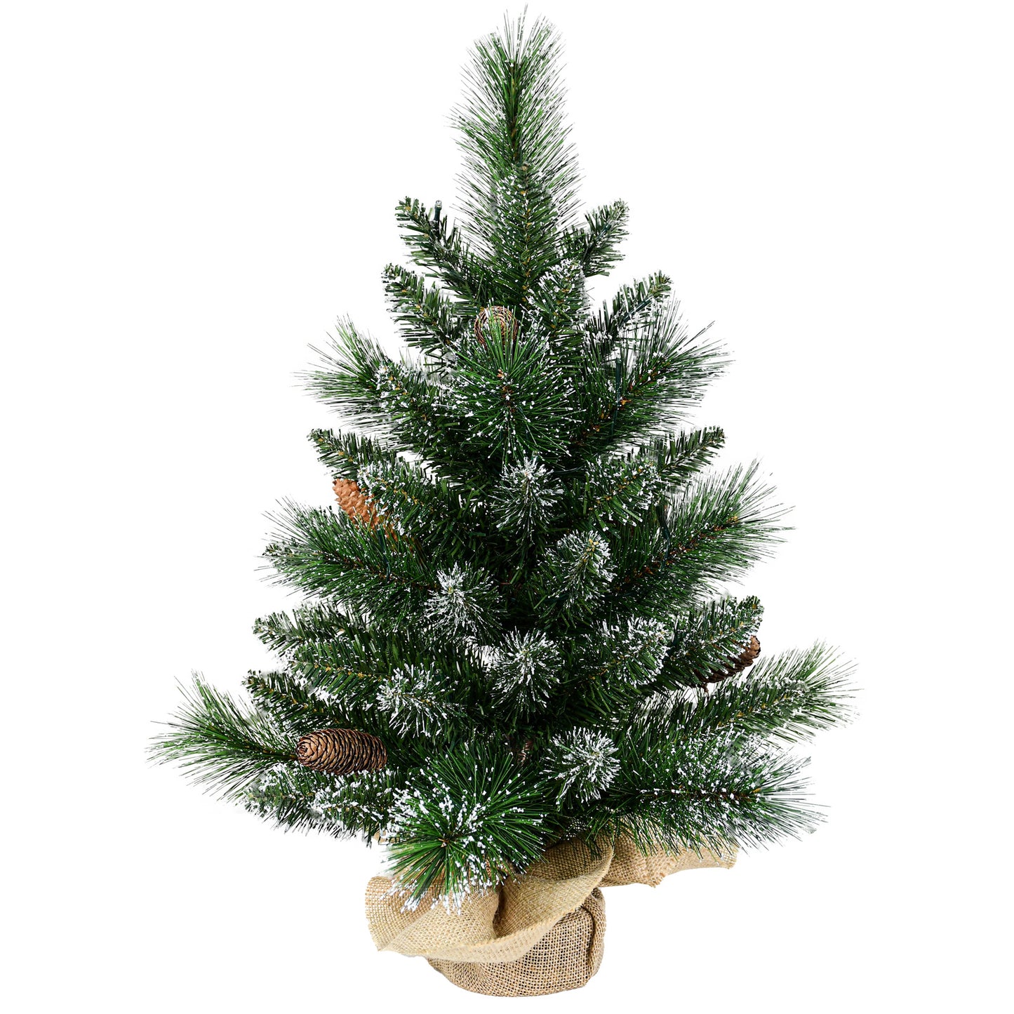 Bringstar 2FT Pre-Lit Artificial Mini Christmas Tree, Snow Tipped Tabletop Xmas Tree with 35 LED Lights, Pine Cones & Burlap Base