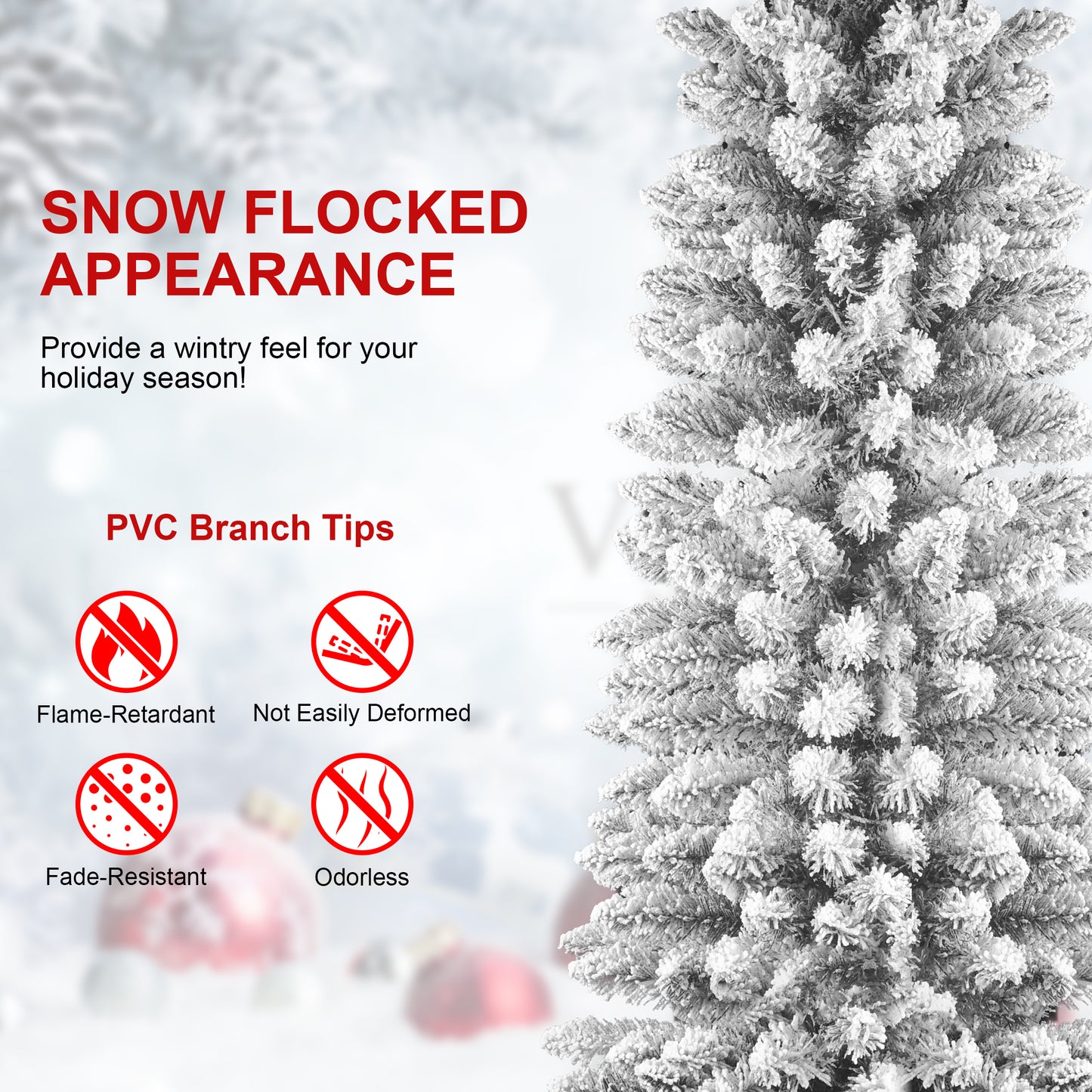 Bringstar  Pencil Christmas Tree Flocked, Unlit Artificial Slim Xmas Trees