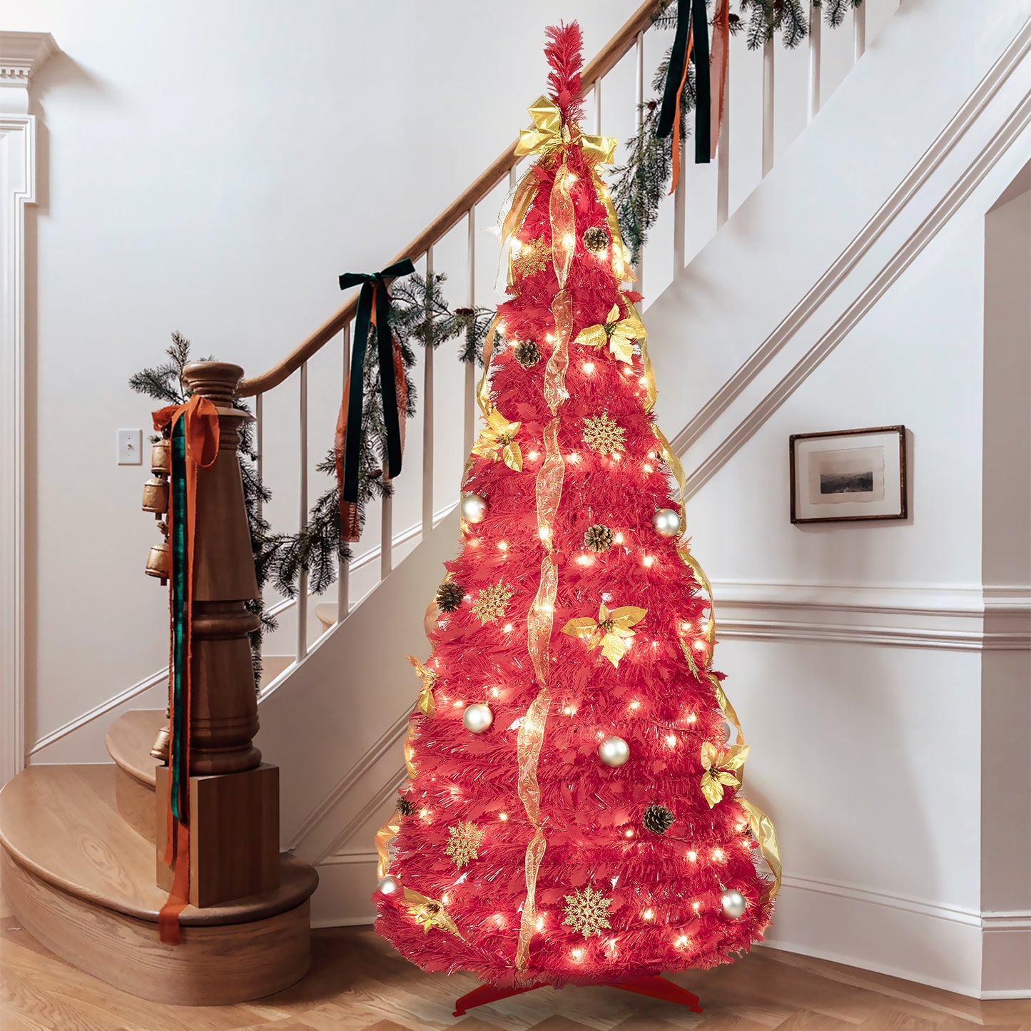 Bringstar 6ft Pop Up Christmas Tree Pre Decorated, Red Artificial Trees