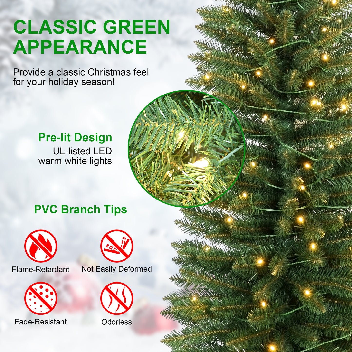 Bringstar  Pre-Lit Pencil Christmas Tree,  Green Artificial Xmas Trees, LED Warm White Lights