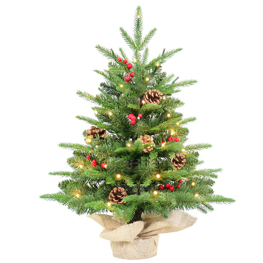 Bringstar 2FT Pre-Lit Mini Fir Artificial Christmas Tree Tabletop, Small Green Xmas Tree with 50 LED Lights, PE & PVC Pine with Red Berries & Pine Cones, Burlap Base Indoor Decor