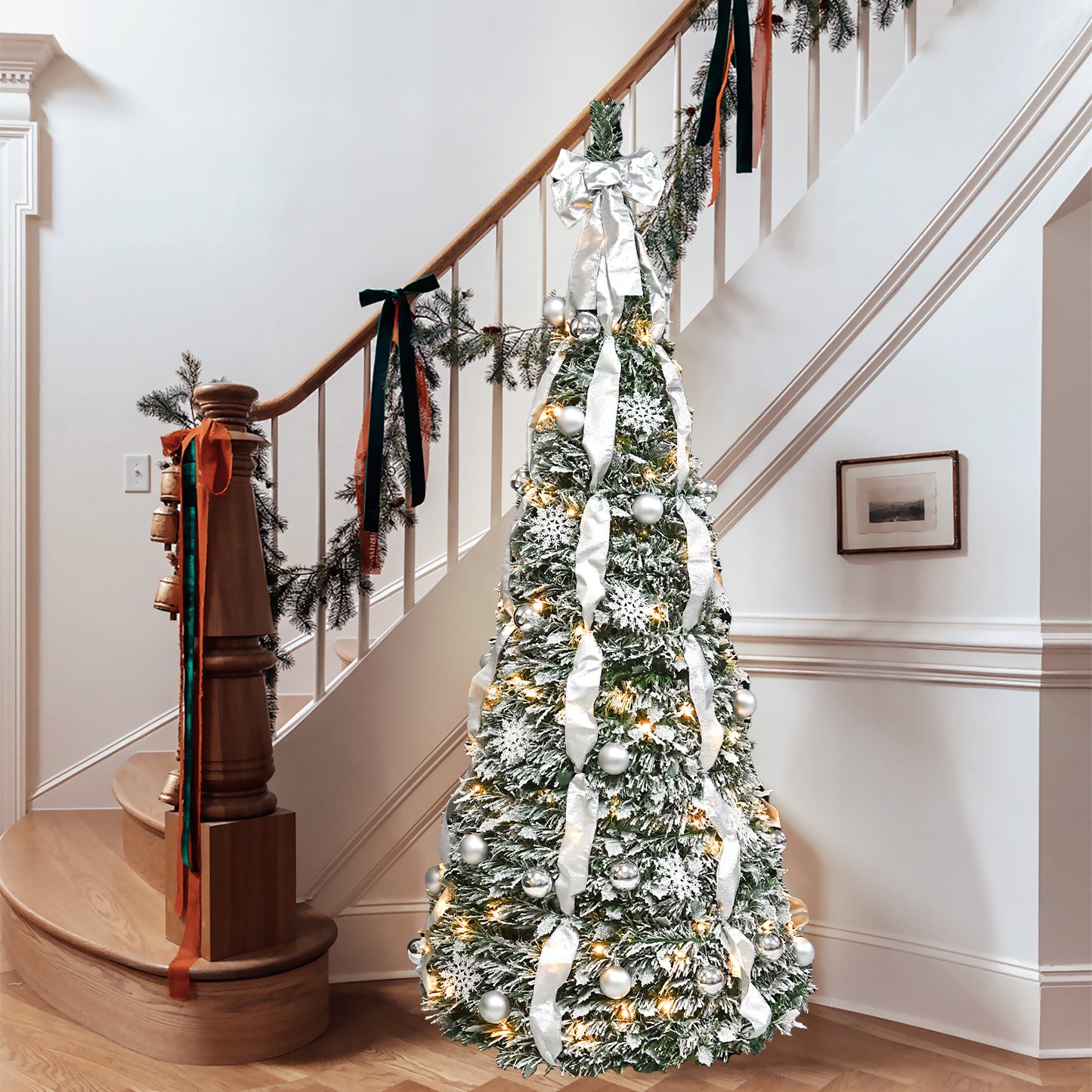 Bringstar Pop-up Christmas Tree Pre Decorated, silver flocking christmas tree 6/7FT