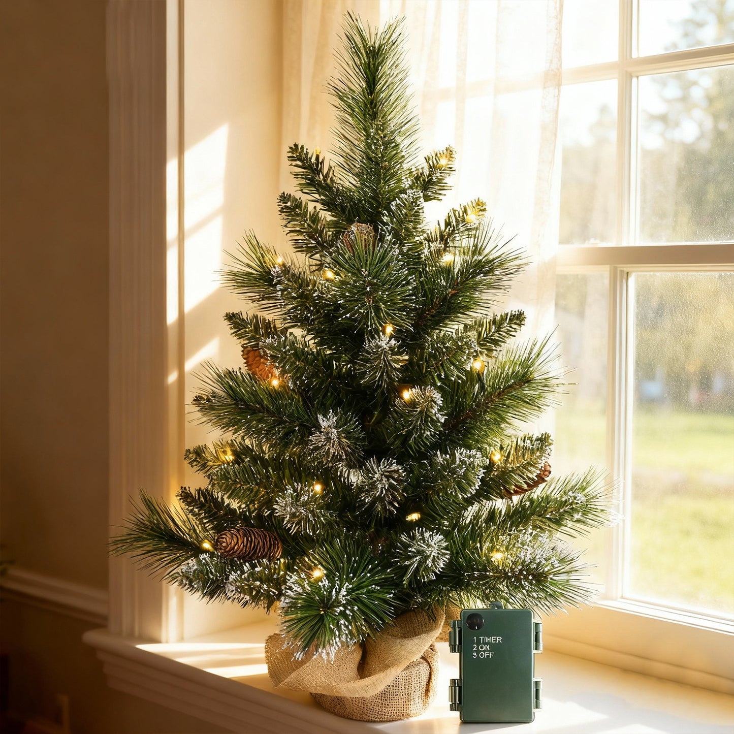 Bringstar 2FT Pre-Lit Artificial Mini Christmas Tree, Snow Tipped Tabletop Xmas Tree with 35 LED Lights, Pine Cones & Burlap Base