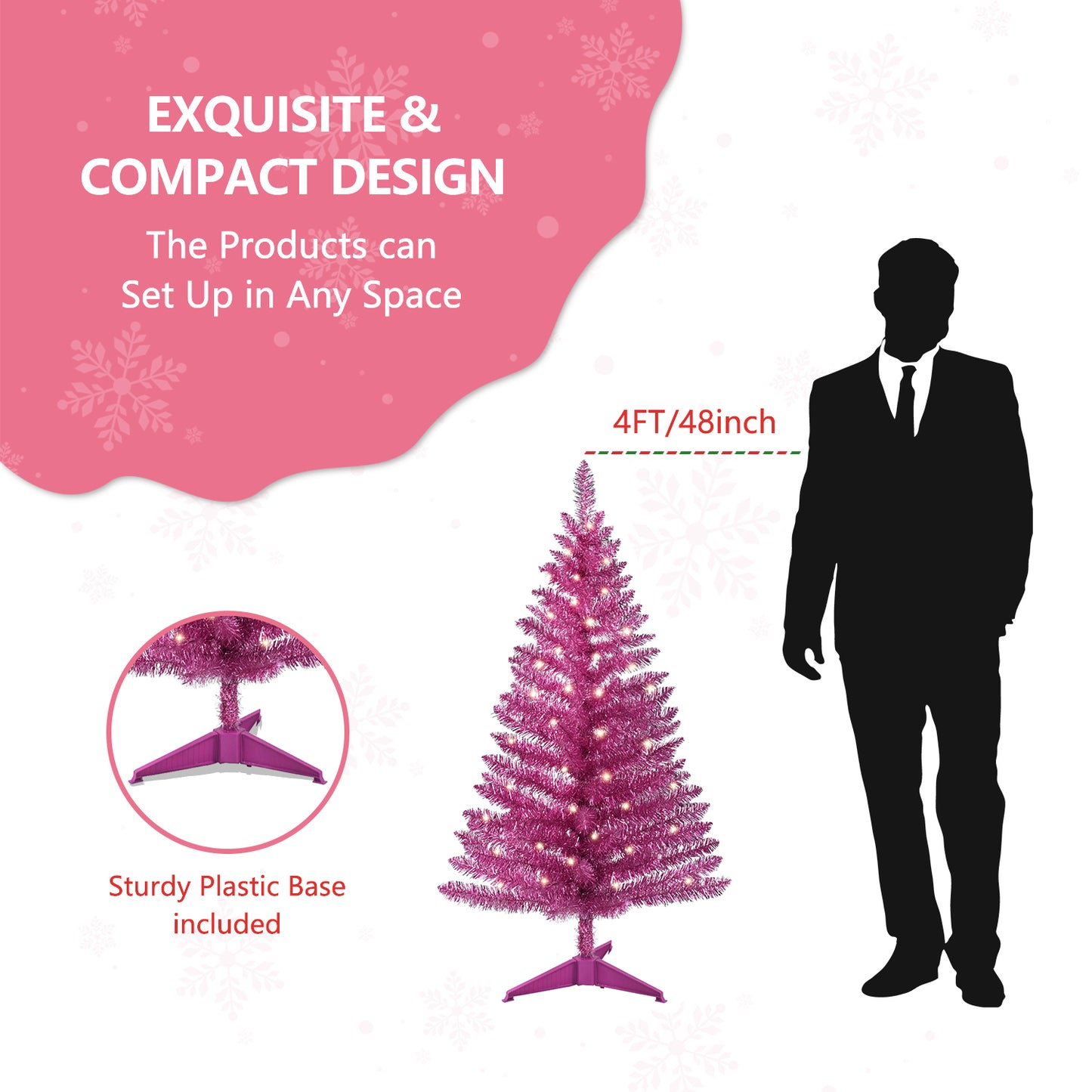 Bringstar 4FT Pink Small Mini Christmas Tree with Lights, Artificial Xmas Tree for Indoor & Outdoor
