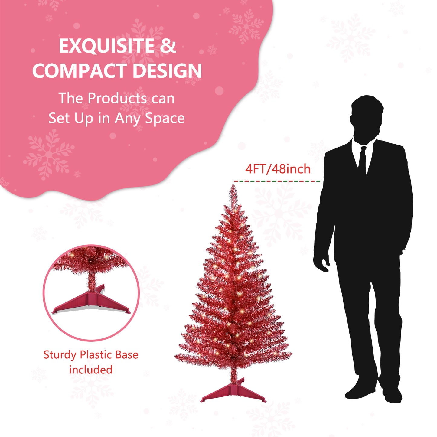 Bringstar 4FT Artificial Mini Red Christmas Tree with Lights, Lighted Christmas Tree with 50 Warm White Lights, Small Xmas Tree for Christmas Halloween House Decor, Red Tinsel