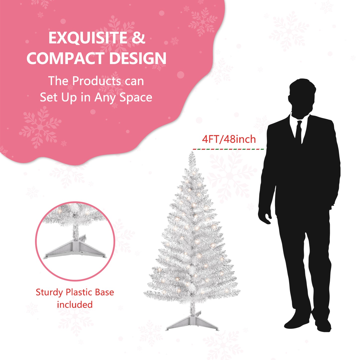 Bringstar 4FT Silver Small Christmas Tree with UL-listed Lights, Artificial Mini Xmas Tree for Holiday