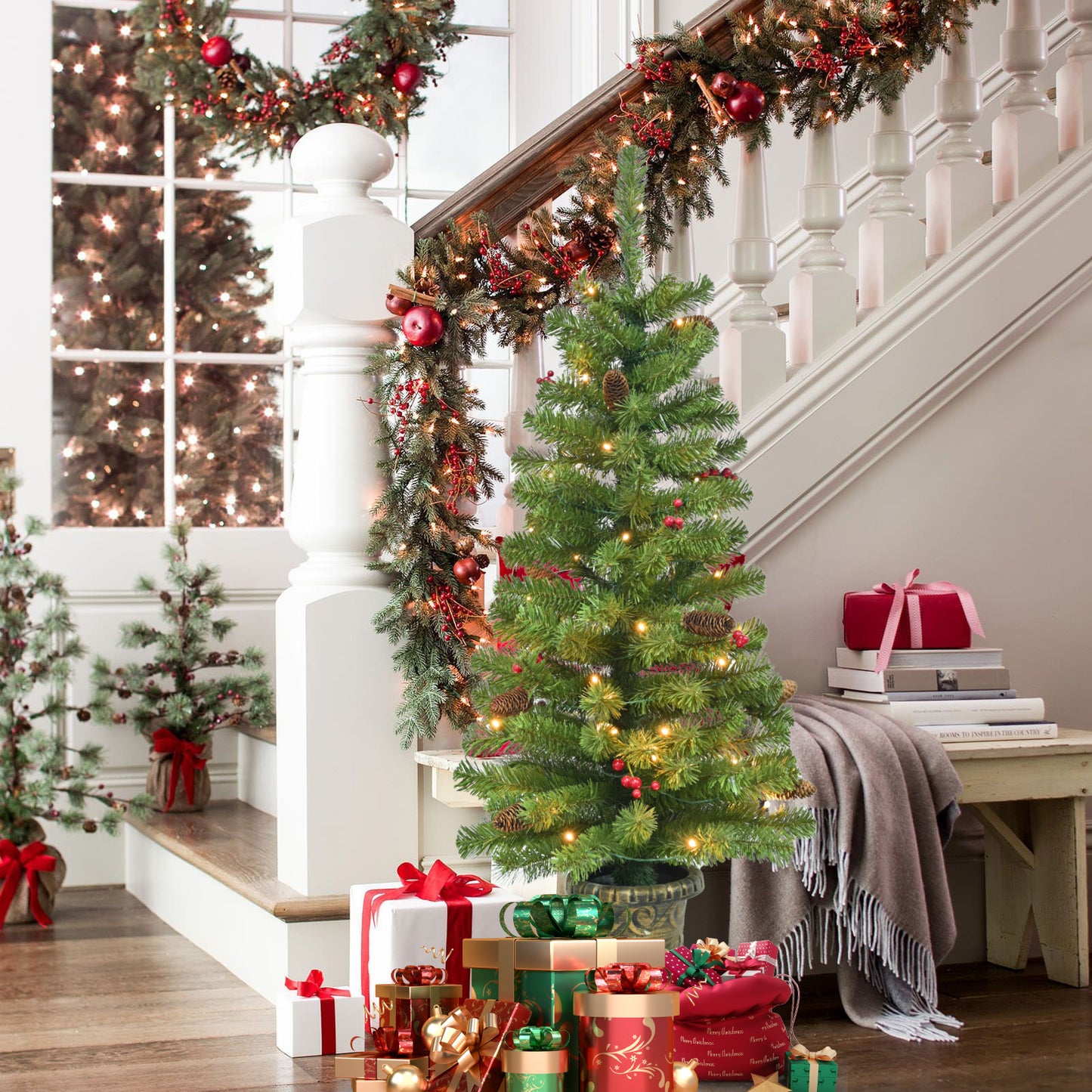 4FT Pre-lit Artificial Potted Christmas Tree with 50 LED Lights, Mini Xmas Tree with 140 Tips, Pine Cones & Red Berries, Battery Operated for Indoor