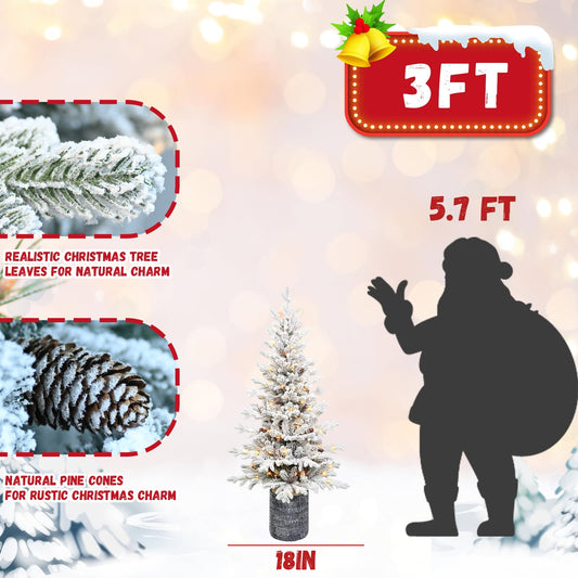 Bringstar 2/3/4.5FT Pre-lit Potted Flocked Christmas Tree, Snow Frosted Mini Tabletop Artificial Christmas Tree, Small Fake Christmas Tree with 30 Warm White LED Lights for Holiday Decoration