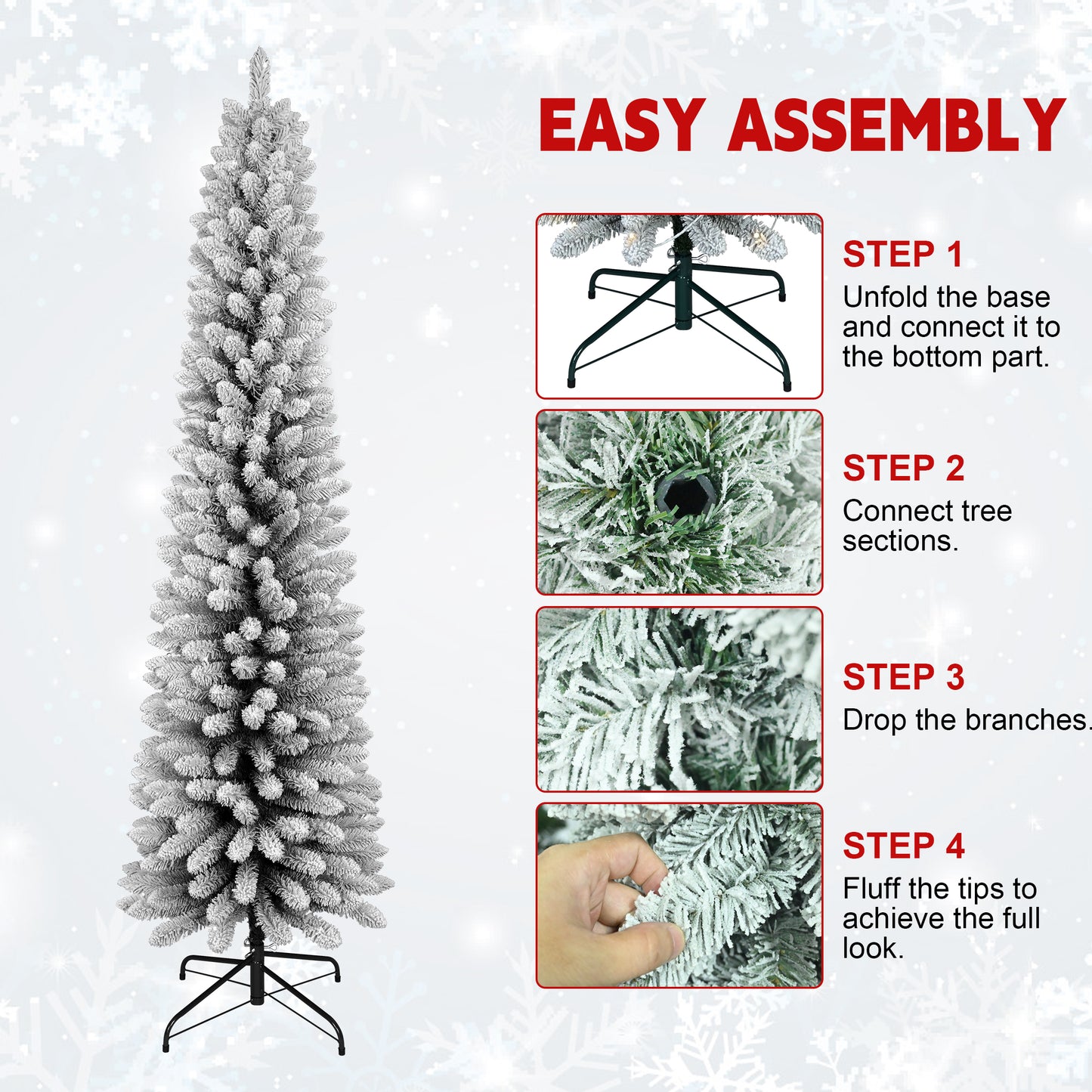 Bringstar  Pencil Christmas Tree Flocked, Unlit Artificial Slim Xmas Trees