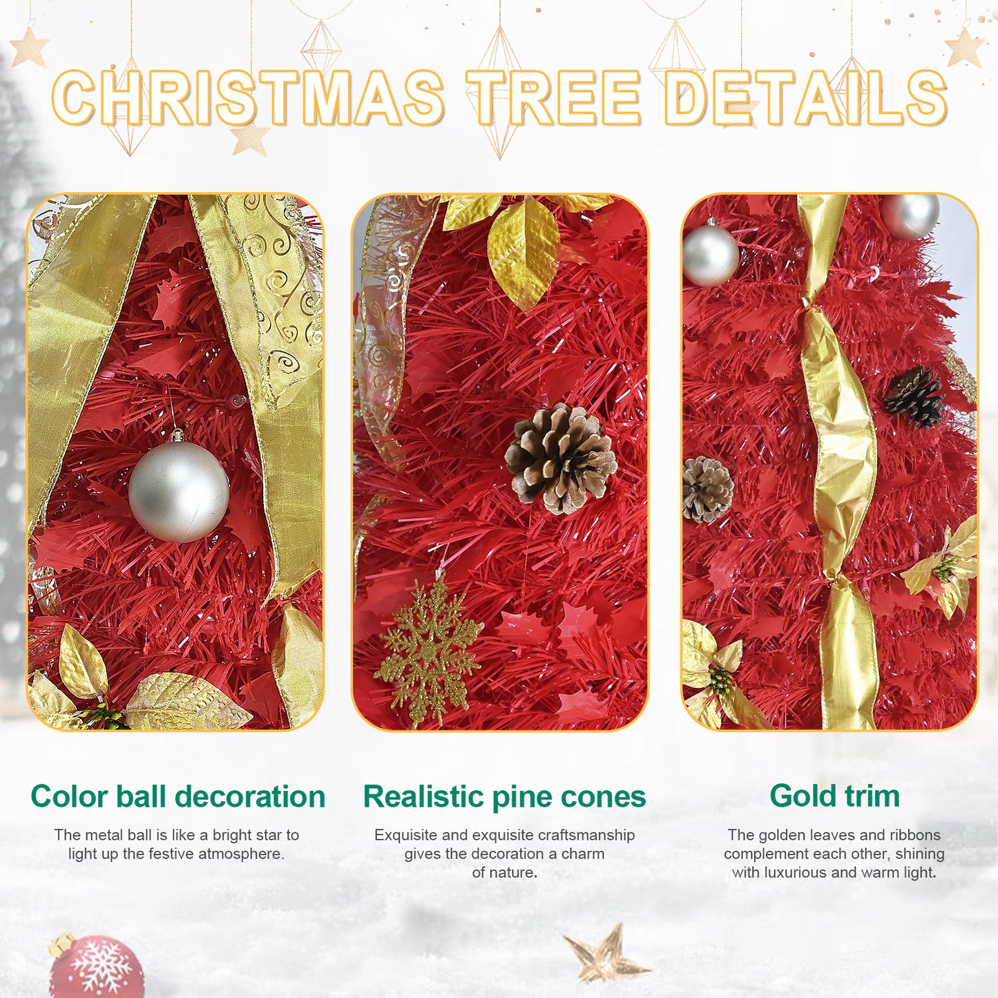 Bringstar 6ft Pop Up Christmas Tree Pre Decorated, Red Artificial Trees