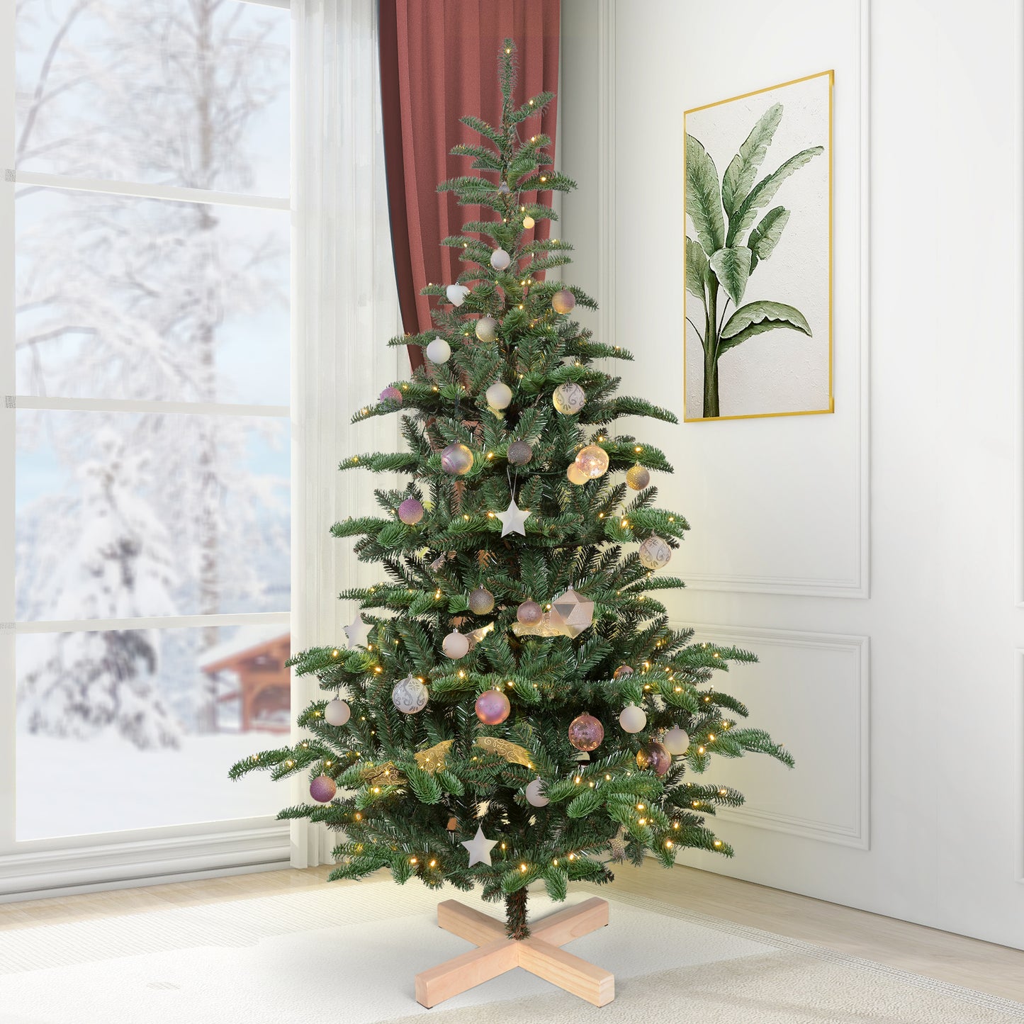 Bringstar 5ft/6ft/7ft/8ft Pre-Lit Christmas Tree, Wooden Base Tree with 611 PE & PVC Branch Tips, 300 Lights