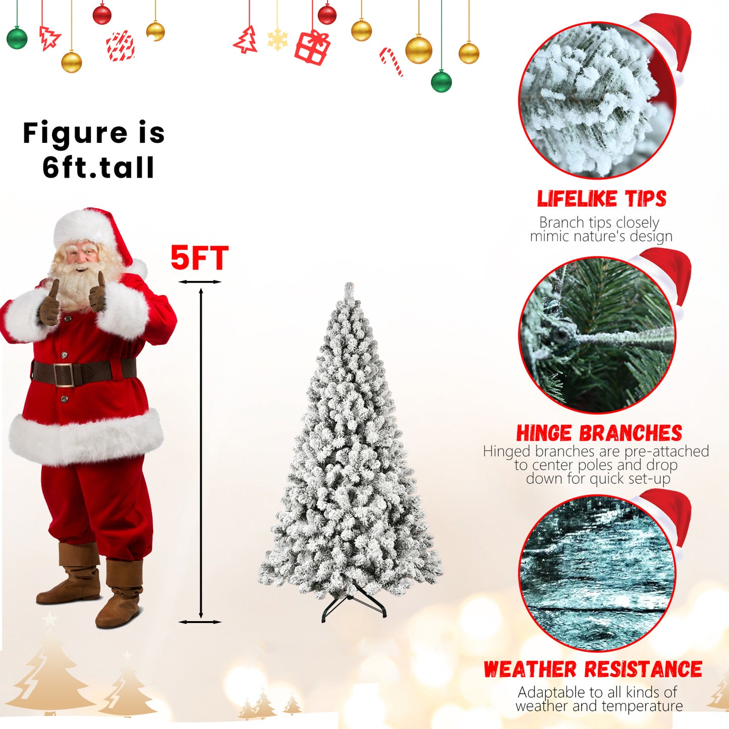 Bringstar 5ft/6ft/7ft/8ft/9ft  Pre-Lit Flocked Christmas Tree, Hinged Artificial Xmas Trees/Premium PVC Branches, 200 Lights