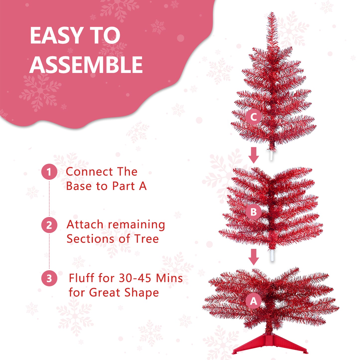 Bringstar 4FT Artificial Mini Red Christmas Tree with Lights, Lighted Christmas Tree with 50 Warm White Lights, Small Xmas Tree for Christmas Halloween House Decor, Red Tinsel