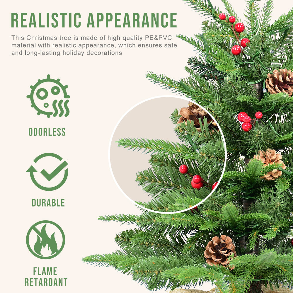 Bringstar 2FT Pre-Lit Mini Fir Artificial Christmas Tree Tabletop, Small Green Xmas Tree with 50 LED Lights, PE & PVC Pine with Red Berries & Pine Cones, Burlap Base Indoor Decor