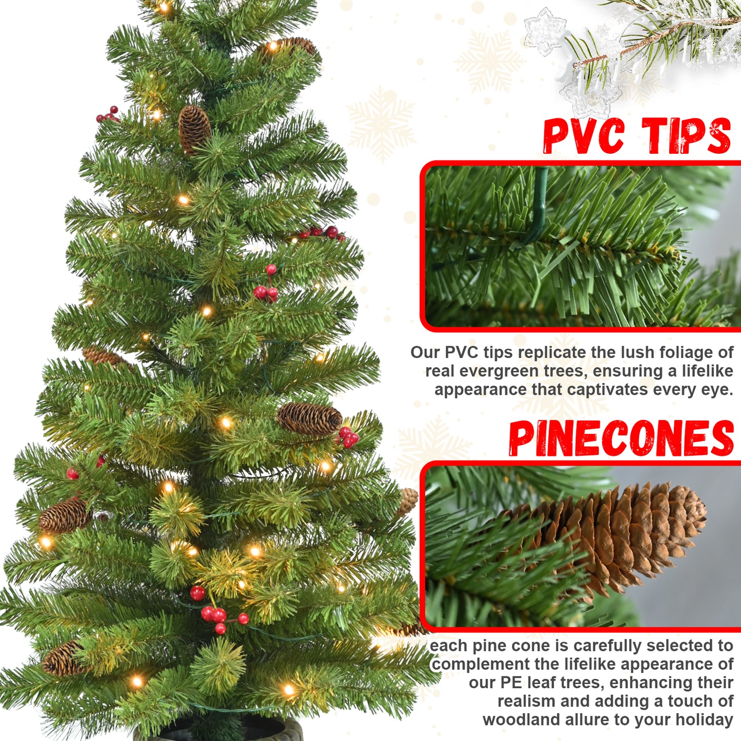 4FT Pre-lit Artificial Potted Christmas Tree with 50 LED Lights, Mini Xmas Tree with 140 Tips, Pine Cones & Red Berries, Battery Operated for Indoor