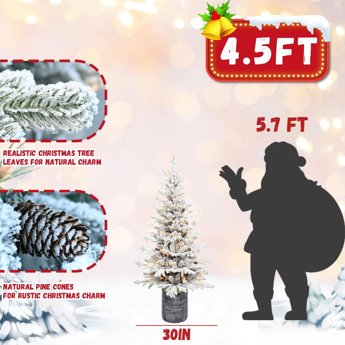 Bringstar 2/3/4.5FT Pre-lit Potted Flocked Christmas Tree, Snow Frosted Mini Tabletop Artificial Christmas Tree, Small Fake Christmas Tree with 30 Warm White LED Lights for Holiday Decoration