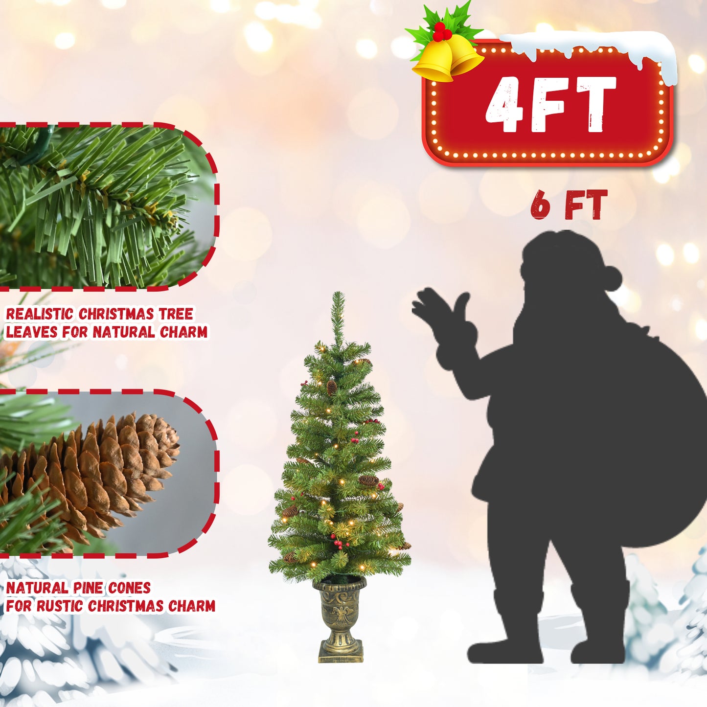 4FT Pre-lit Artificial Potted Christmas Tree with 50 LED Lights, Mini Xmas Tree with 140 Tips, Pine Cones & Red Berries, Battery Operated for Indoor