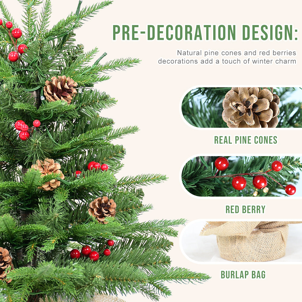 Bringstar 2FT Pre-Lit Mini Fir Artificial Christmas Tree Tabletop, Small Green Xmas Tree with 50 LED Lights, PE & PVC Pine with Red Berries & Pine Cones, Burlap Base Indoor Decor