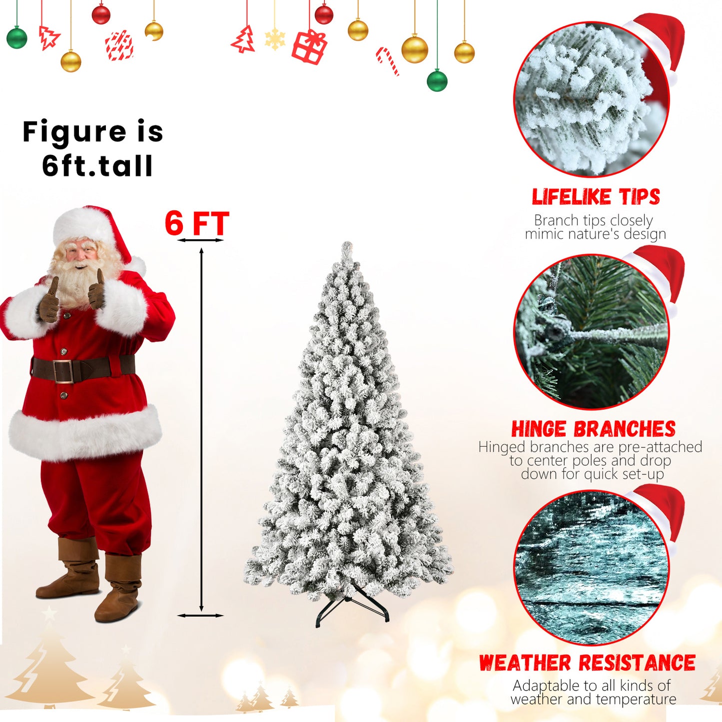 Bringstar 5ft/6ft/7ft/8ft/9ft  Pre-Lit Flocked Christmas Tree, Hinged Artificial Xmas Trees/Premium PVC Branches, 200 Lights