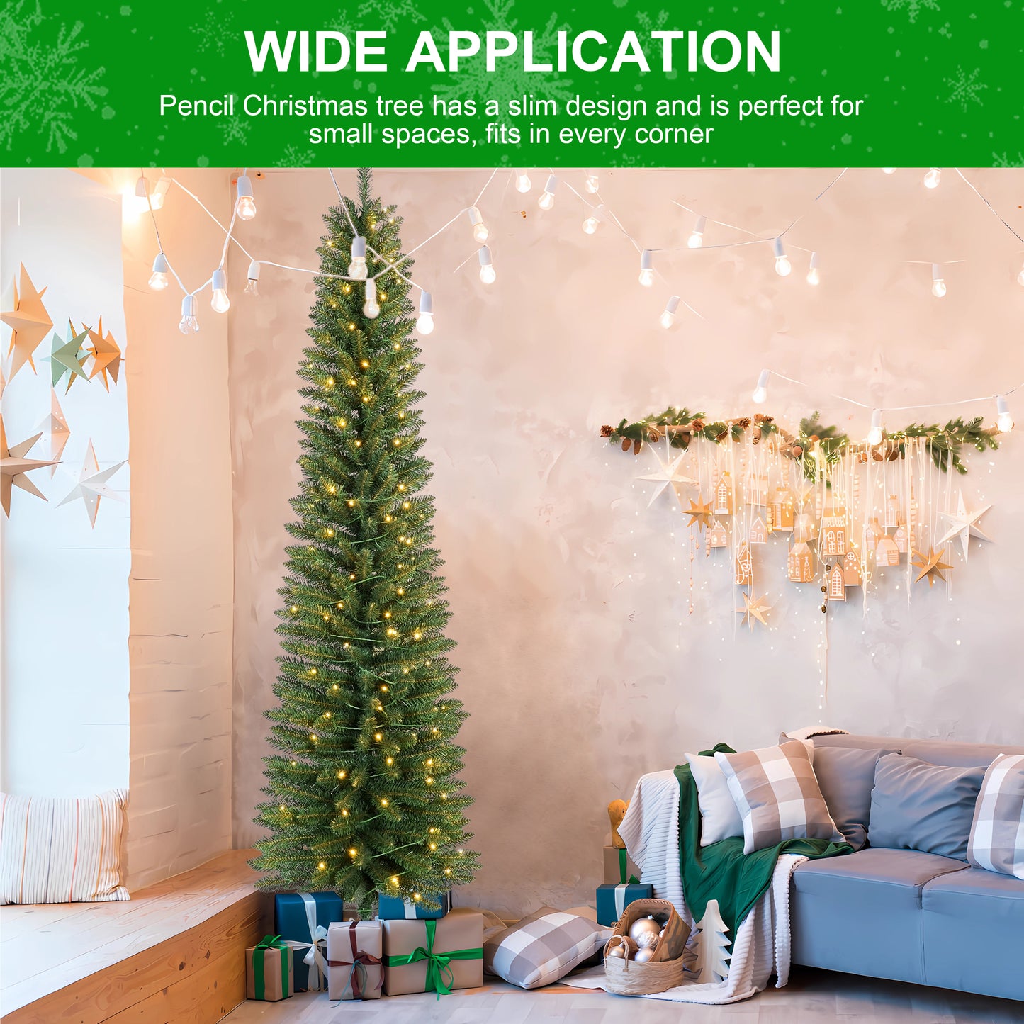 Bringstar  Pre-Lit Pencil Christmas Tree,  Green Artificial Xmas Trees, LED Warm White Lights