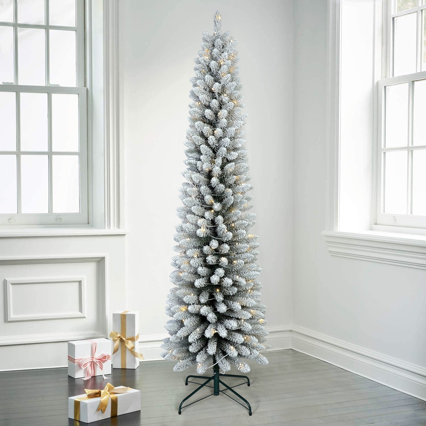 Bringstar Pre-Lit Flocked Slim Christmas Tree, Artificial Pencil Trees,LED Warm White Lights